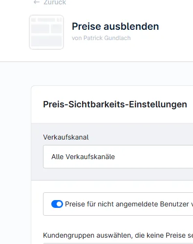 Shopware 6 Admin „Preise ausblenden" Konfiguration mit Verkaufskanal und Kundengruppen