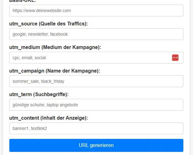 UTM Parameter Editor mit Feldern für Basis-URL, utm_source, utm_medium, utm_campaign
