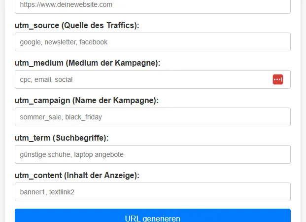 UTM Parameter Editor mit Feldern für Basis-URL, utm_source, utm_medium, utm_campaign