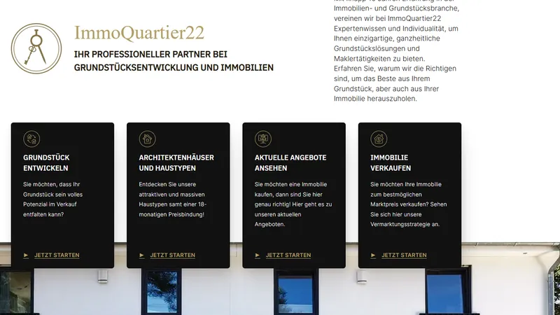 ImmoQuartier22 Startseite mit Leistungs-Kacheln