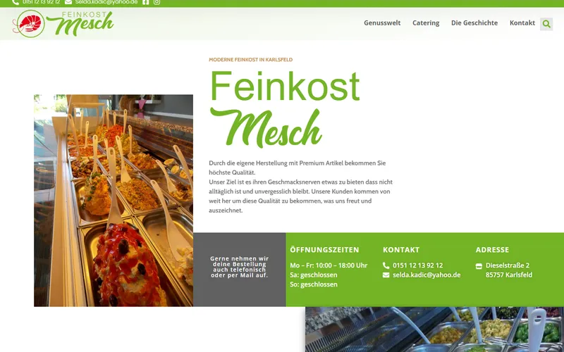 Feinkost Mesch WordPress-Website Startseite mit Catering-CTA und Öffnungszeiten