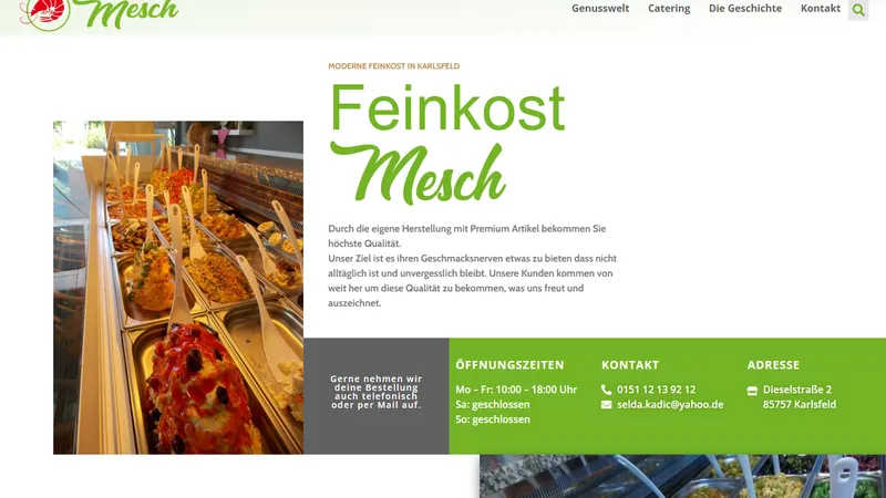 Feinkost Mesch WordPress-Website Startseite mit Catering-CTA und Öffnungszeiten
