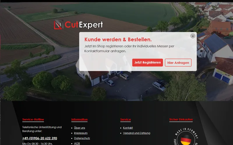 CutExpert Startseite mit Service-Hotline und Kundenregistrierungs-CTA