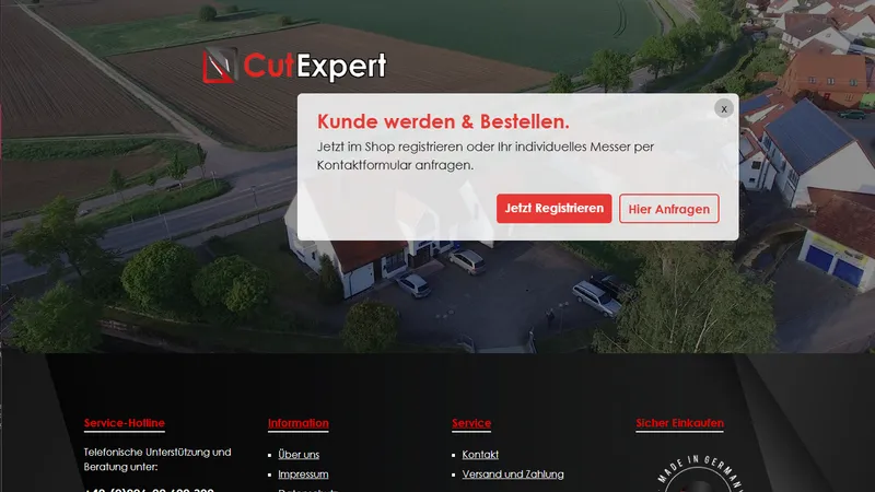 CutExpert Startseite mit Service-Hotline und Kundenregistrierungs-CTA