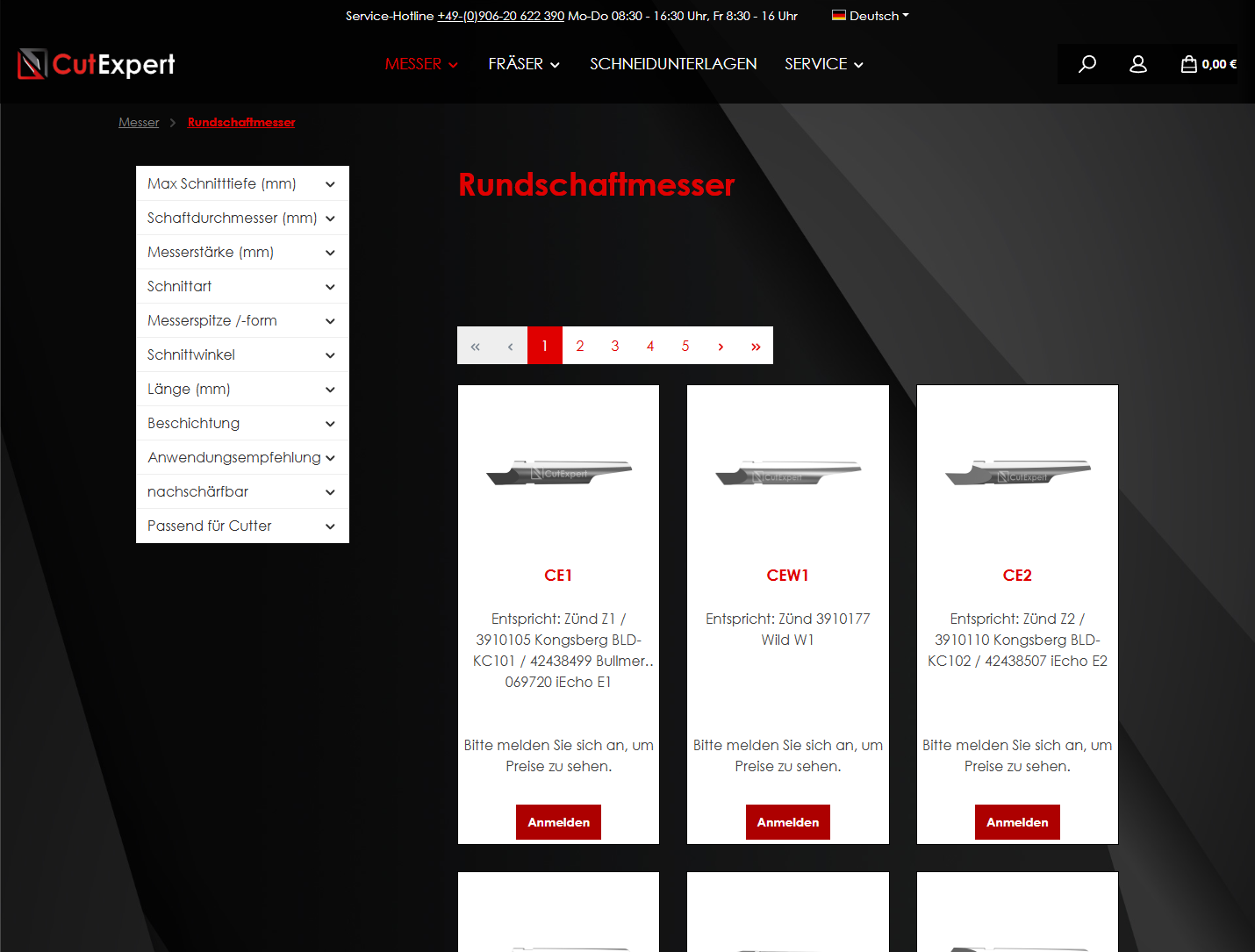 CutExpert Kategorie-Übersicht mit Produktkarten