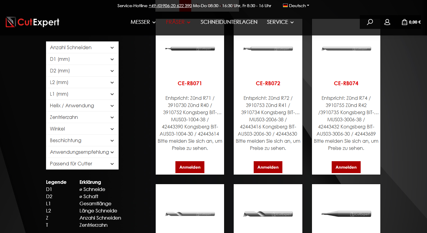 CutExpert Produktdetailseite Fräser