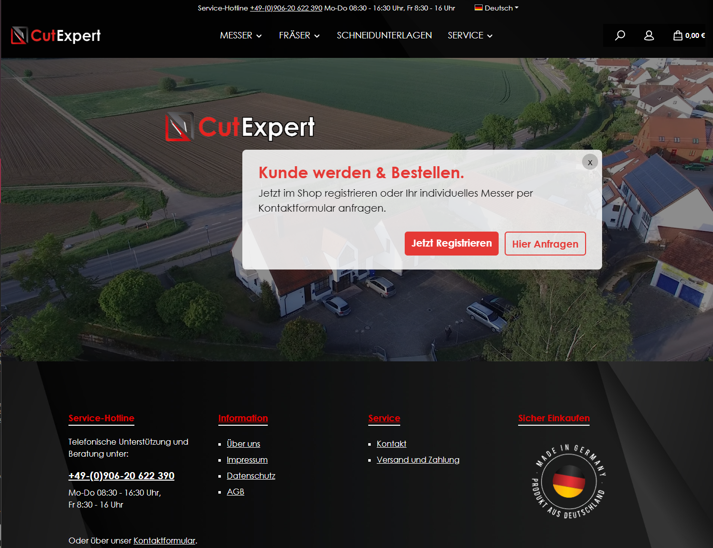 CutExpert Startseite mit Service-Hotline und Kundenregistrierungs-CTA