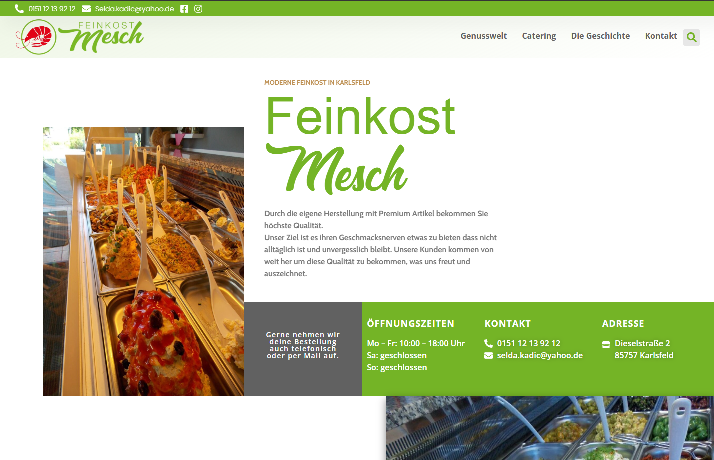 Feinkost Mesch WordPress-Website Startseite mit Catering-CTA und Öffnungszeiten