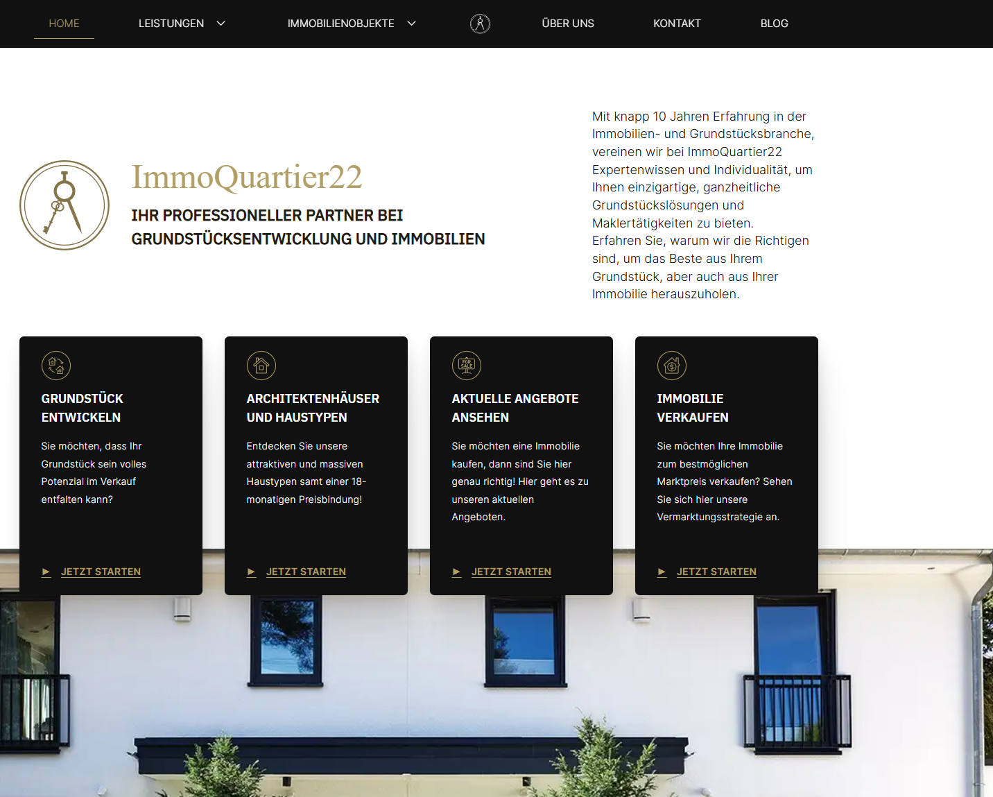 ImmoQuartier22 Startseite mit Leistungs-Kacheln