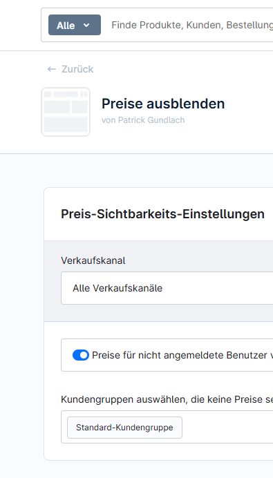 Shopware 6 Admin „Preise ausblenden" Konfiguration mit Verkaufskanal und Kundengruppen