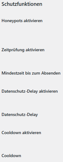 Plugin Kontaktformular Schutzfunktionen Honeypot, Zeitprüfung, Cooldown
