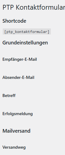 Plugin Kontaktformular Grundeinstellungen mit Empfänger, Betreff, Mailversand