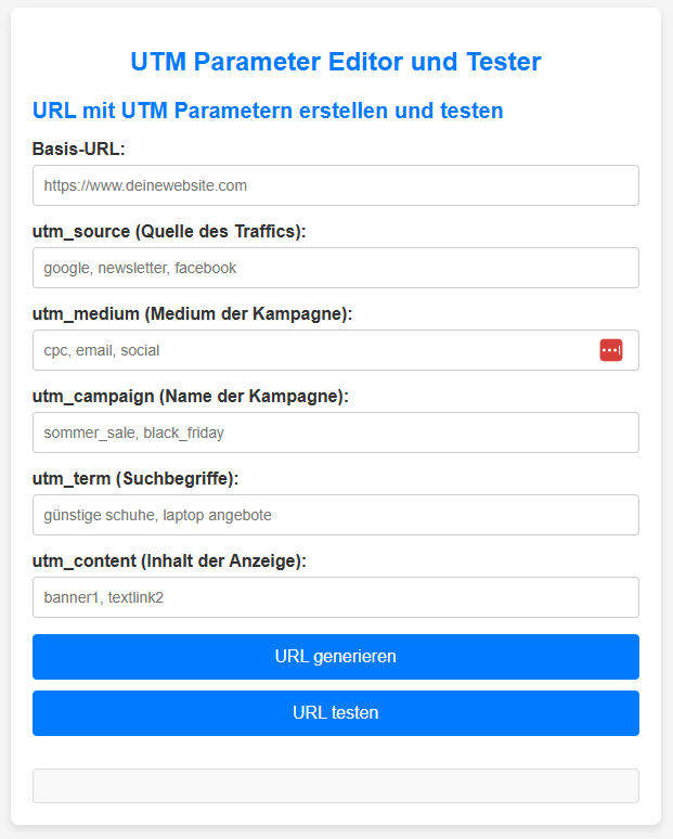 UTM Parameter Editor mit Feldern für Basis-URL, utm_source, utm_medium, utm_campaign
