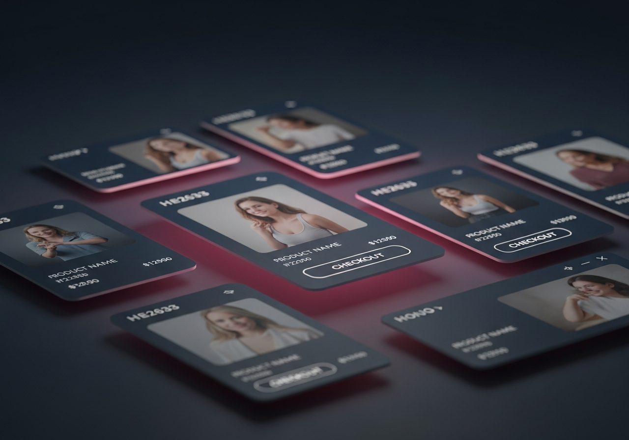 Dunkles E-Commerce-Storefront-Mockup mit Produktraster und Conversion-Elementen