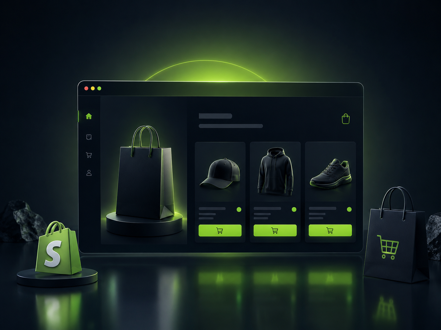 Dunkles Shopify-Storefront-Mockup mit Produkten und grünen Akzenten
