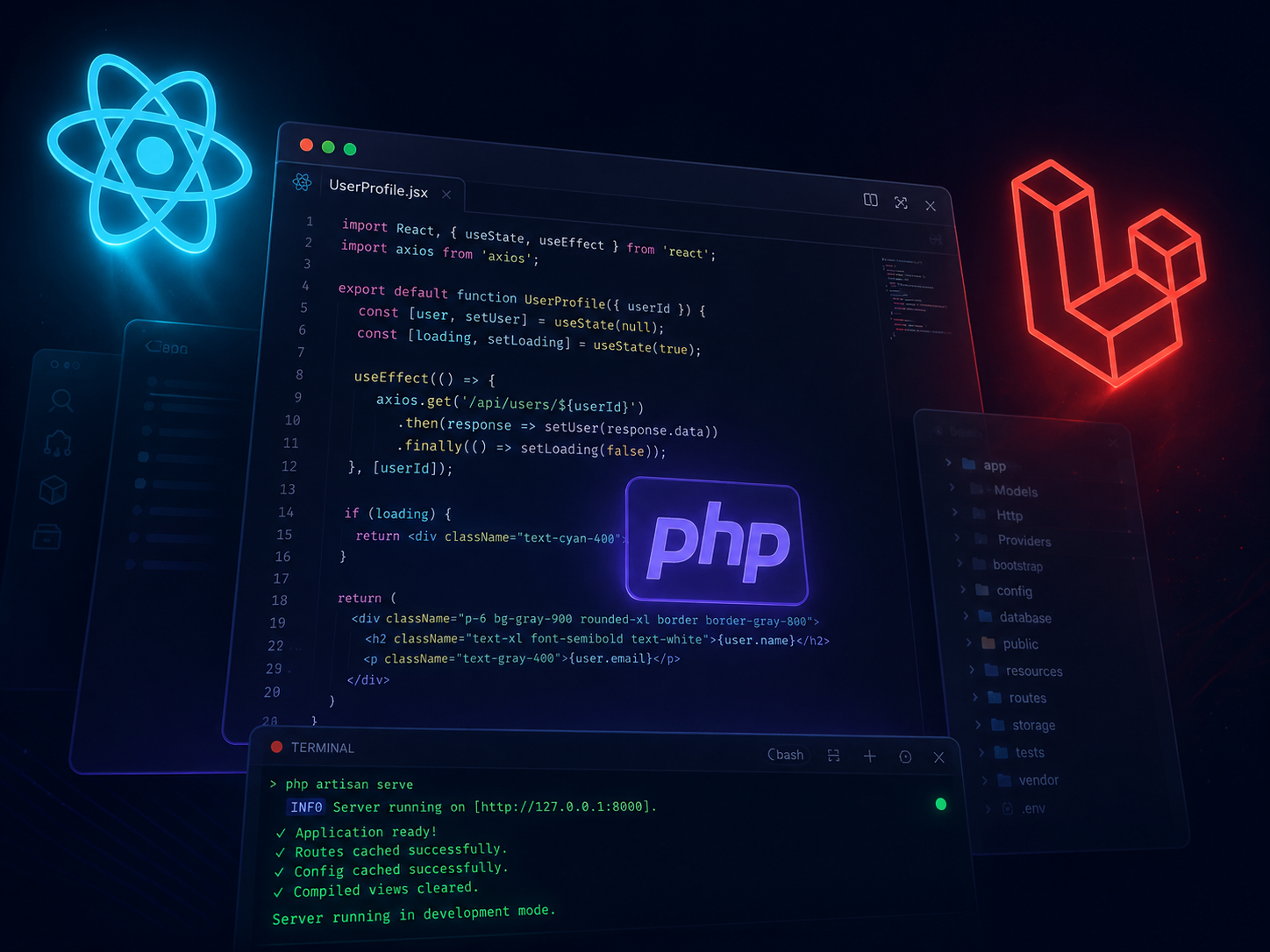 Code-Editor mit React- und Laravel-Komponenten und laufendem PHP-Terminal