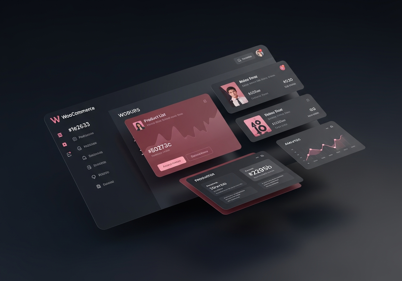 Dunkles WooCommerce-Shop-Mockup mit Produktkacheln und Warenkorb-Element