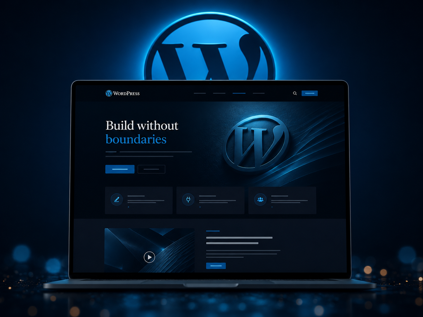 WordPress Website auf einem Laptop mit leuchtendem W-Logo