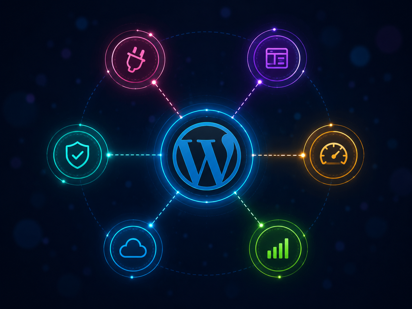 Diagramm einer WordPress-Plugin-Architektur mit Modulen für Sicherheit, Performance und Schnittstellen